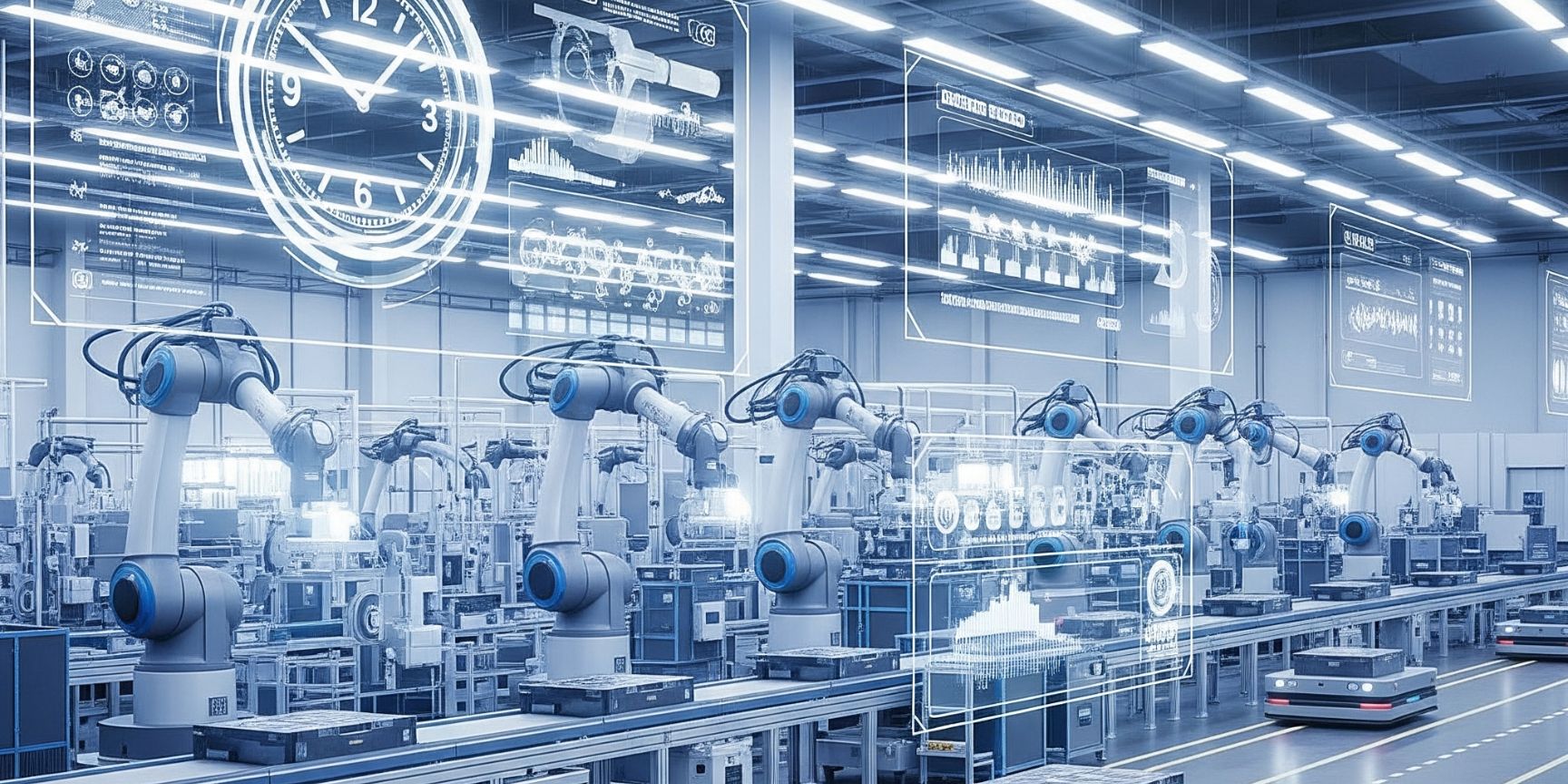 Moderne Produktionslinie mit automatisierten Abläufen und fahrerlosen Transportsystemen (FTS), ergänzt durch digitale Overlays (z. B. Uhr, Datenströme).